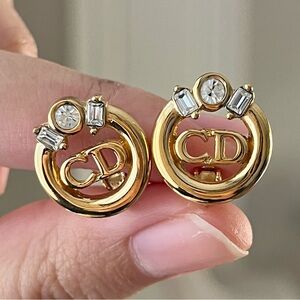 Vintage Christian Dior Classic CD Logo Monogram Hollow Round Gold Clip Earrings